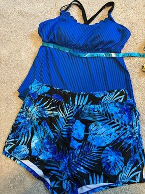 Tankini Womens Bathing Suit Set Blue Tropical Top & Bottoms L